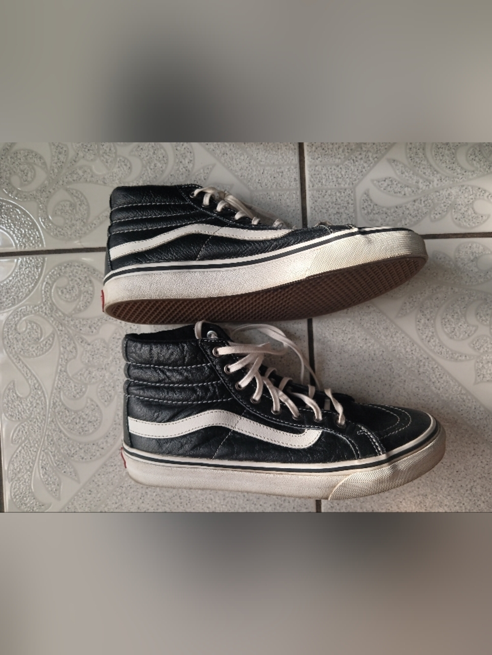 Vans Sk8-Hi Black Leather High Top Sneakers with White Stripe - Picture 5 of 6